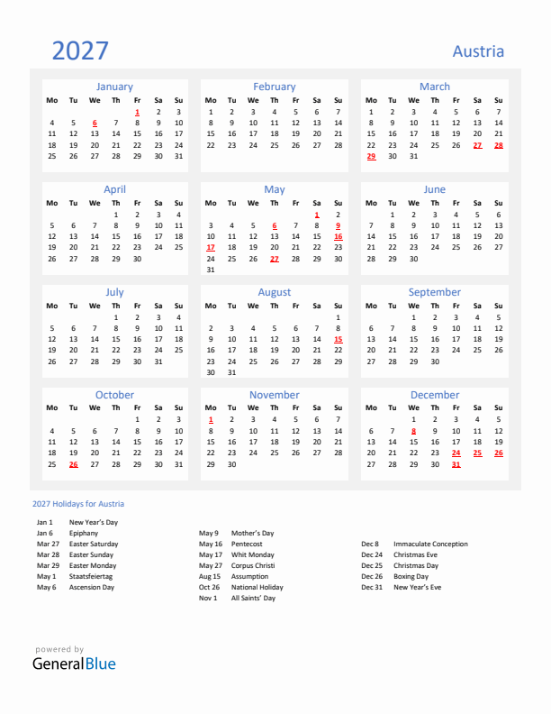 Basic Yearly Calendar with Holidays in Austria for 2027