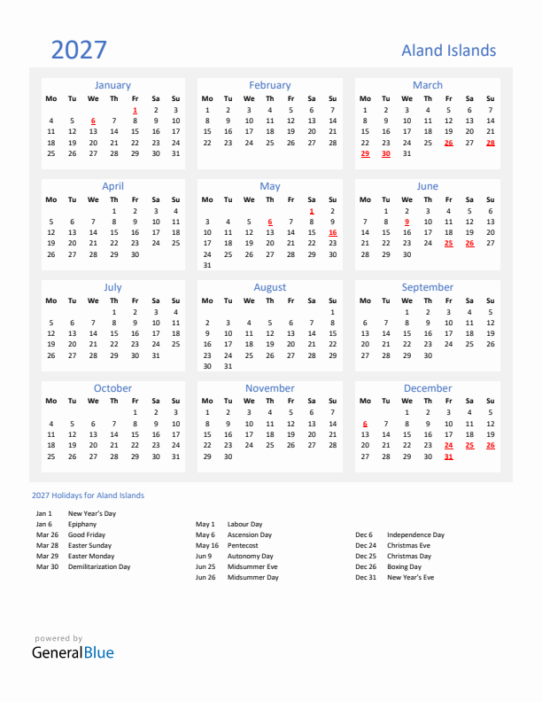 Basic Yearly Calendar with Holidays in Aland Islands for 2027