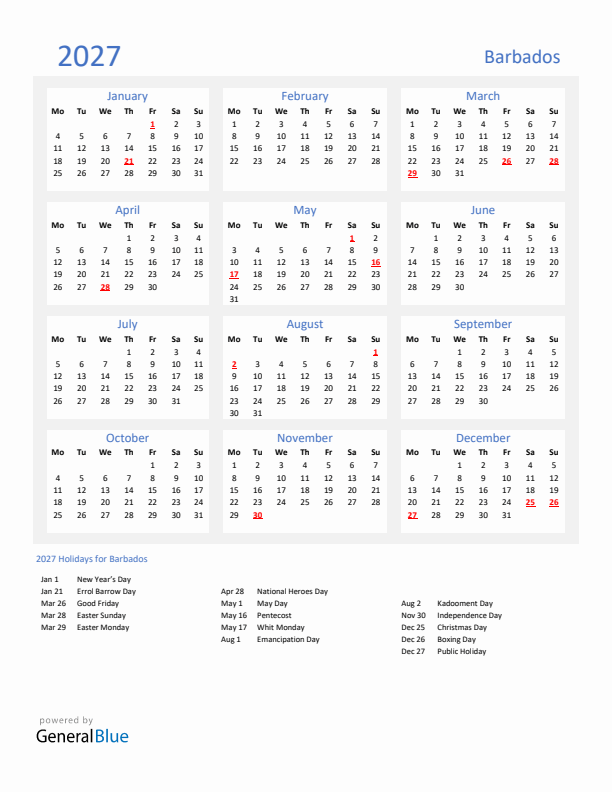 Basic Yearly Calendar with Holidays in Barbados for 2027
