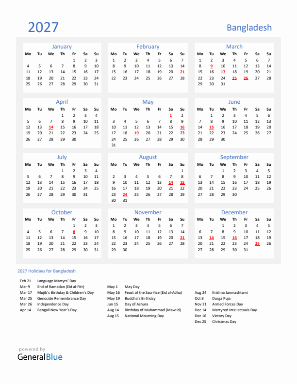Basic Yearly Calendar with Holidays in Bangladesh for 2027