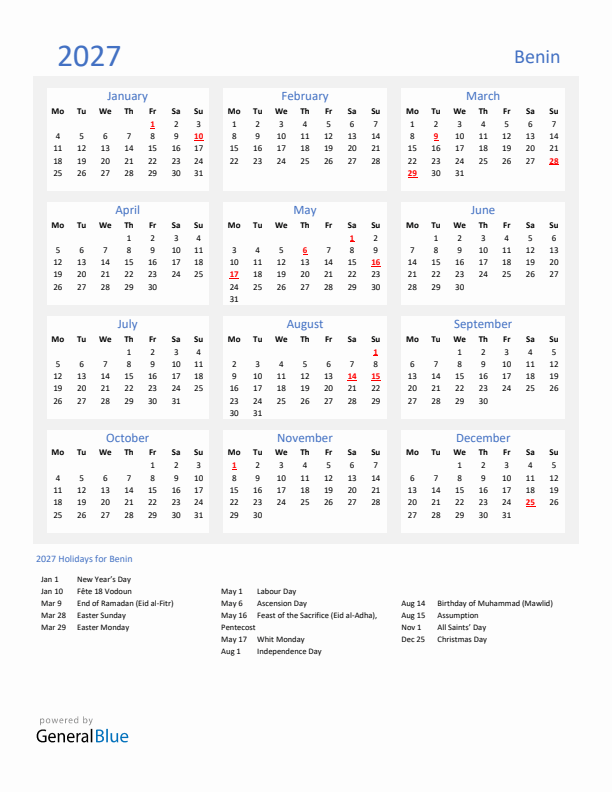 Basic Yearly Calendar with Holidays in Benin for 2027