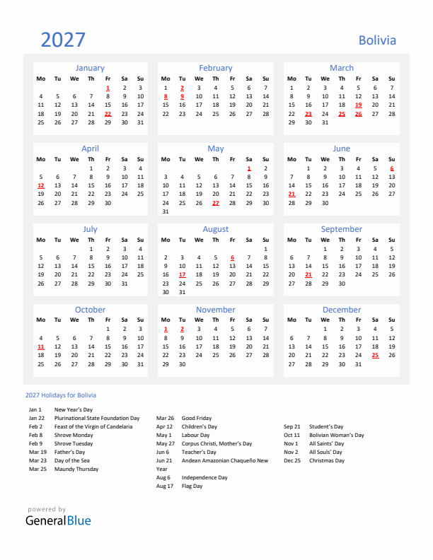 Basic Yearly Calendar with Holidays in Bolivia for 2027