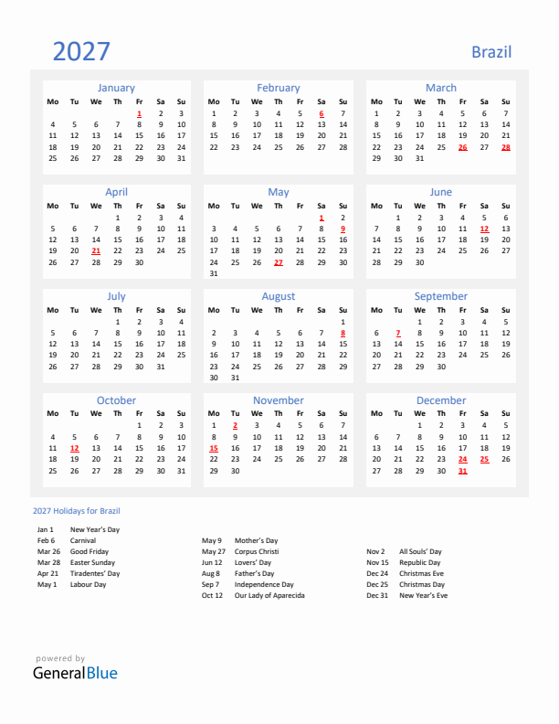 Basic Yearly Calendar with Holidays in Brazil for 2027