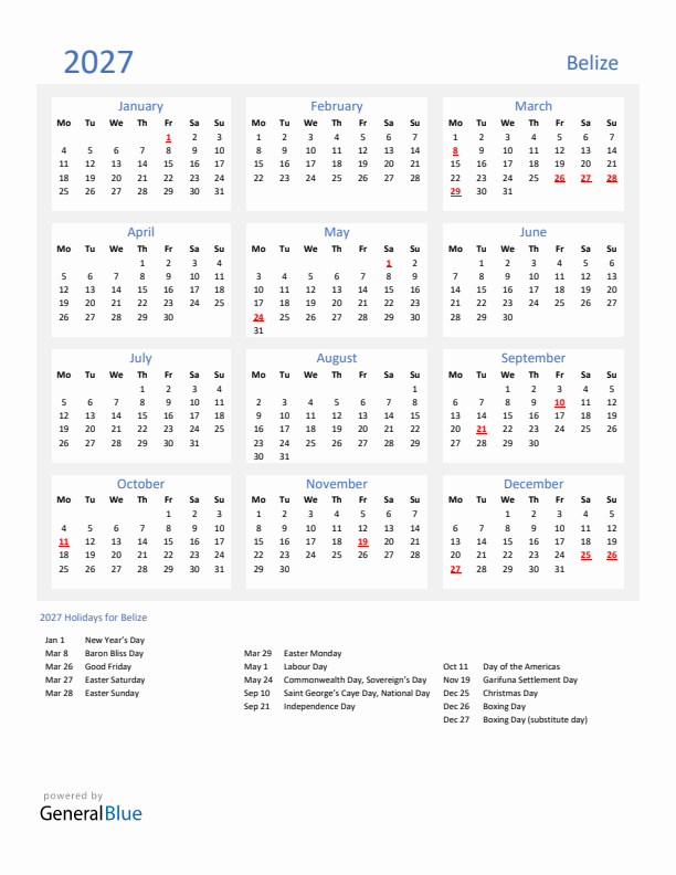 Basic Yearly Calendar with Holidays in Belize for 2027