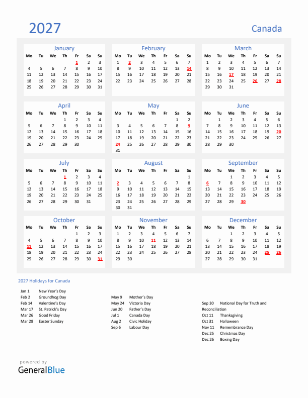 Basic Yearly Calendar with Holidays in Canada for 2027