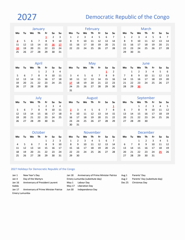 Basic Yearly Calendar with Holidays in Democratic Republic of the Congo for 2027 