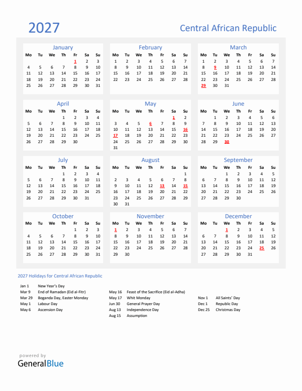 Basic Yearly Calendar with Holidays in Central African Republic for 2027
