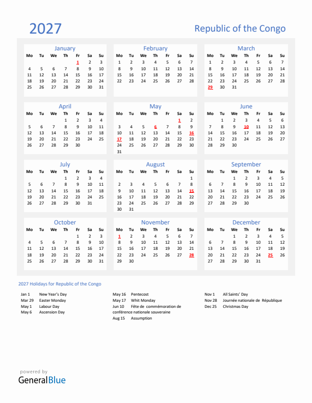 Basic Yearly Calendar with Holidays in Republic of the Congo for 2027 