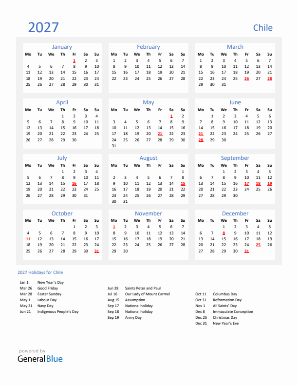Basic Yearly Calendar with Holidays in Chile for 2027