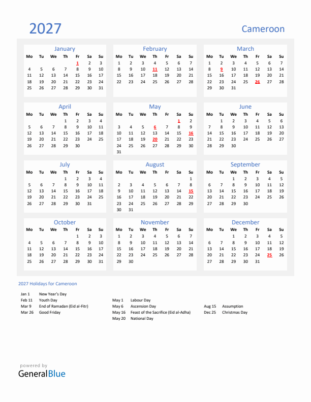 Basic Yearly Calendar with Holidays in Cameroon for 2027