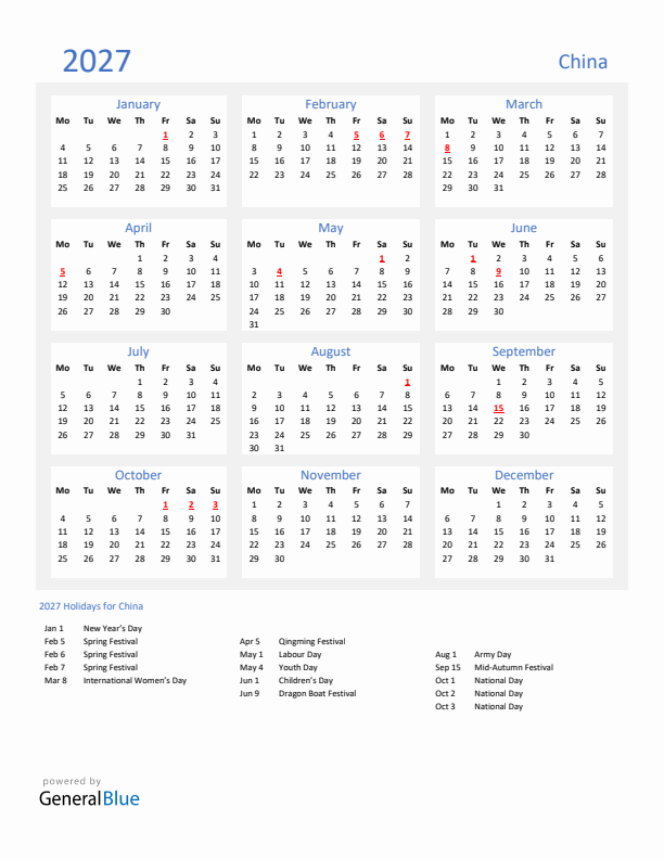 Basic Yearly Calendar with Holidays in China for 2027
