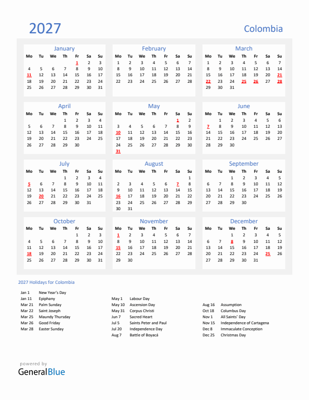Basic Yearly Calendar with Holidays in Colombia for 2027