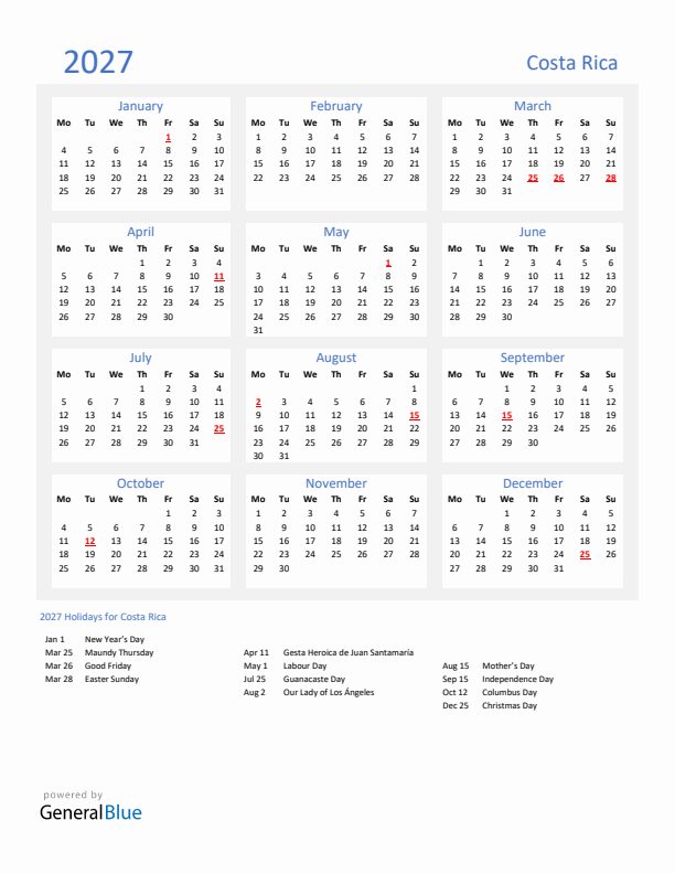 Basic Yearly Calendar with Holidays in Costa Rica for 2027