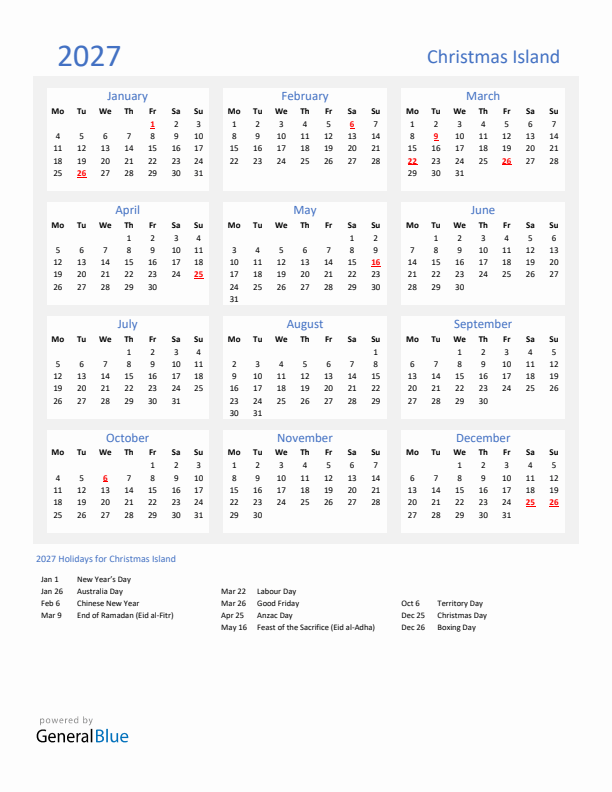 Basic Yearly Calendar with Holidays in Christmas Island for 2027