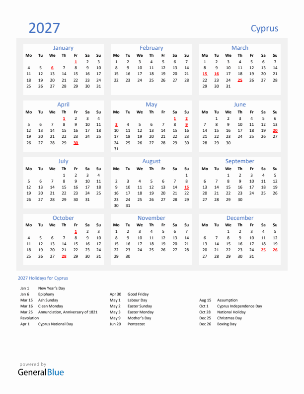 Basic Yearly Calendar with Holidays in Cyprus for 2027