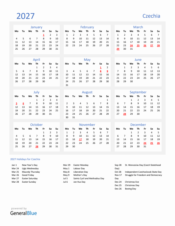 Basic Yearly Calendar with Holidays in Czechia for 2027 