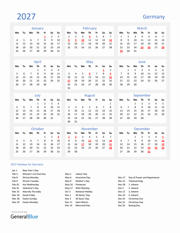 Basic Yearly Calendar with Holidays in Germany for 2027