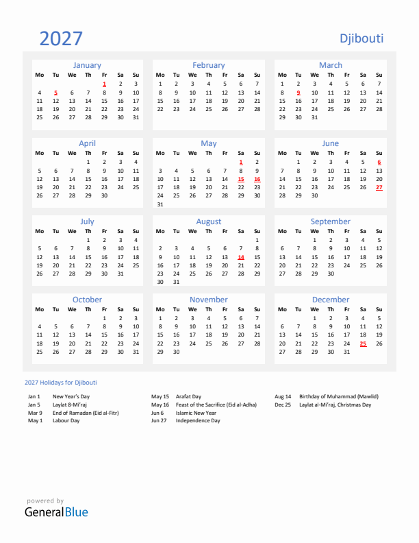 Basic Yearly Calendar with Holidays in Djibouti for 2027 