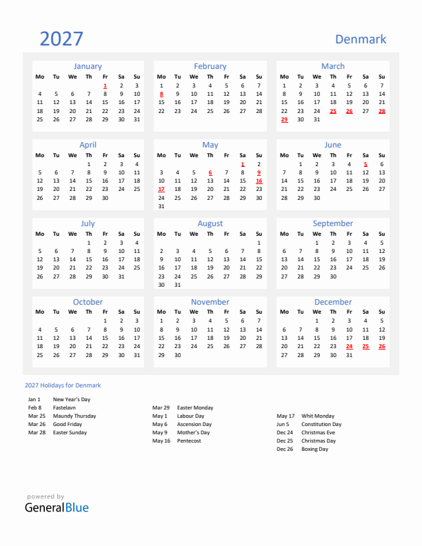 Basic Yearly Calendar with Holidays in Denmark for 2027