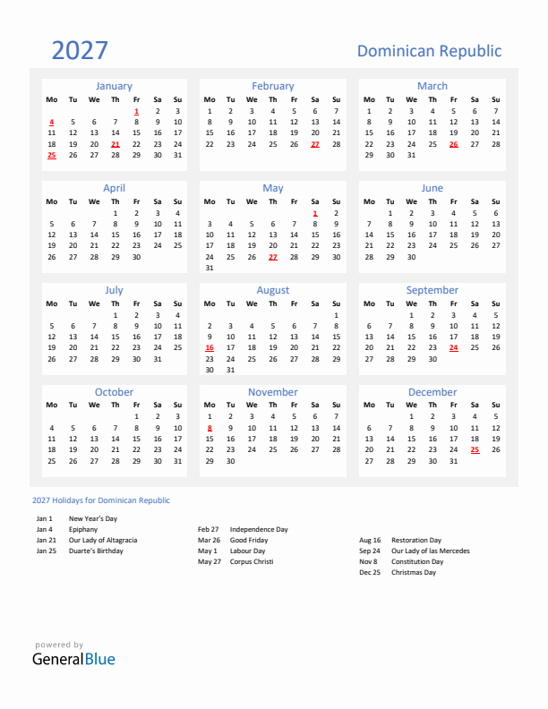 Basic Yearly Calendar with Holidays in Dominican Republic for 2027