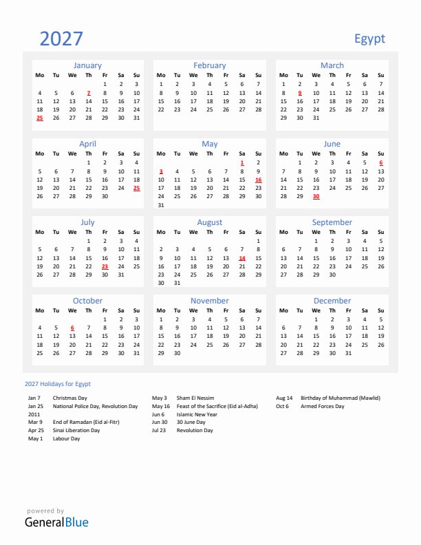 Basic Yearly Calendar with Holidays in Egypt for 2027 