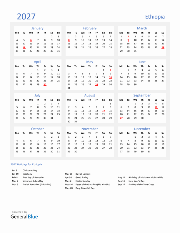 Basic Yearly Calendar with Holidays in Ethiopia for 2027