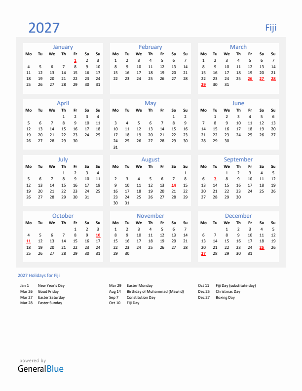 Basic Yearly Calendar with Holidays in Fiji for 2027 