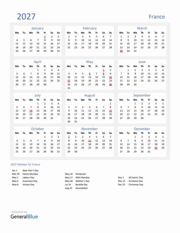 Basic Yearly Calendar with Holidays in France for 2027