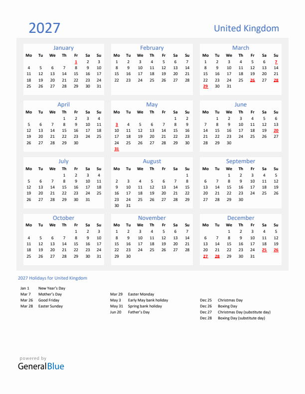 Basic Yearly Calendar with Holidays in United Kingdom for 2027