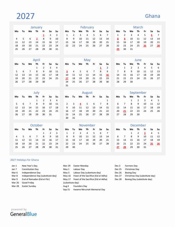 Basic Yearly Calendar with Holidays in Ghana for 2027 