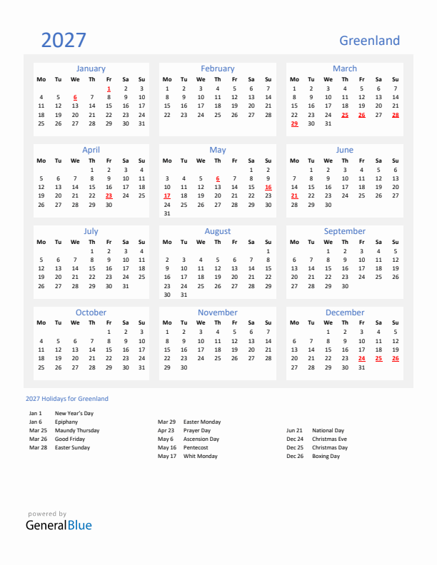 Basic Yearly Calendar with Holidays in Greenland for 2027