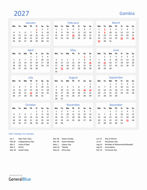 Basic Yearly Calendar with Holidays in Gambia for 2027 