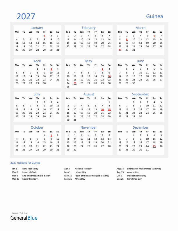 Basic Yearly Calendar with Holidays in Guinea for 2027 