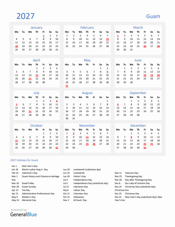 Basic Yearly Calendar with Holidays in Guam for 2027