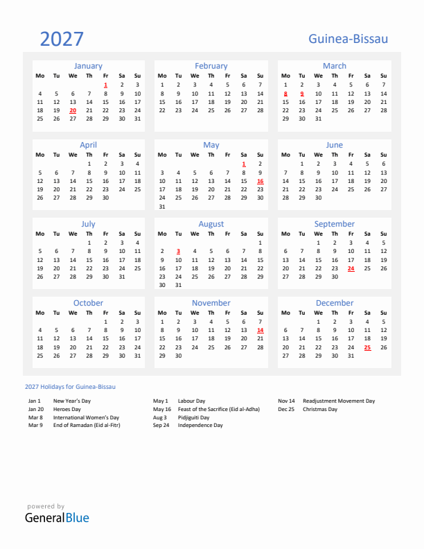 Basic Yearly Calendar with Holidays in Guinea-Bissau for 2027 