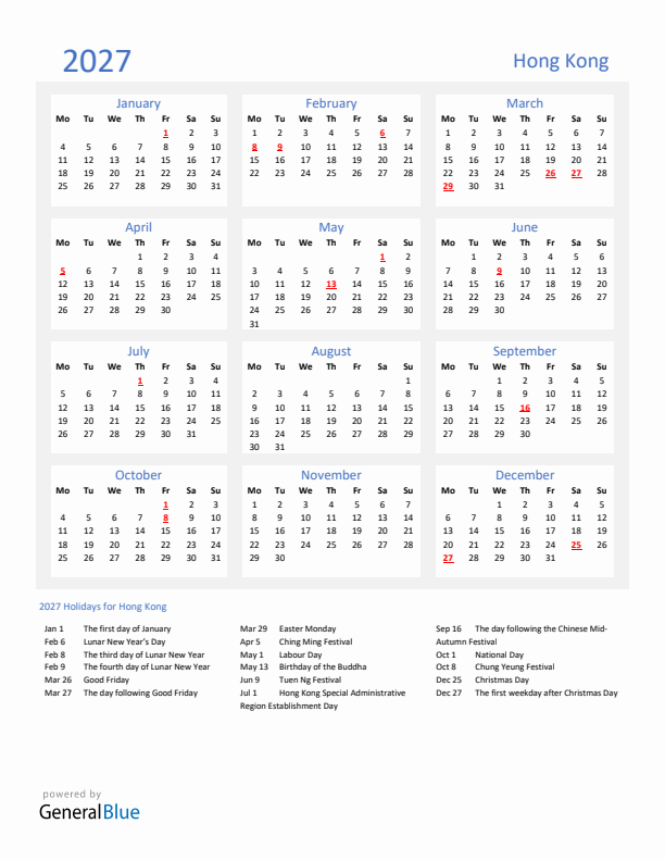 Basic Yearly Calendar with Holidays in Hong Kong for 2027 