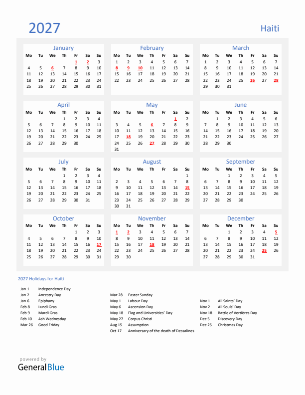 Basic Yearly Calendar with Holidays in Haiti for 2027