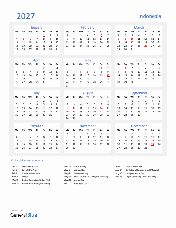 Basic Yearly Calendar with Holidays in Indonesia for 2027 