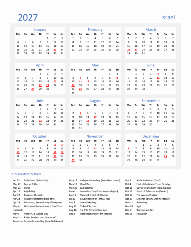 Basic Yearly Calendar with Holidays in Israel for 2027 