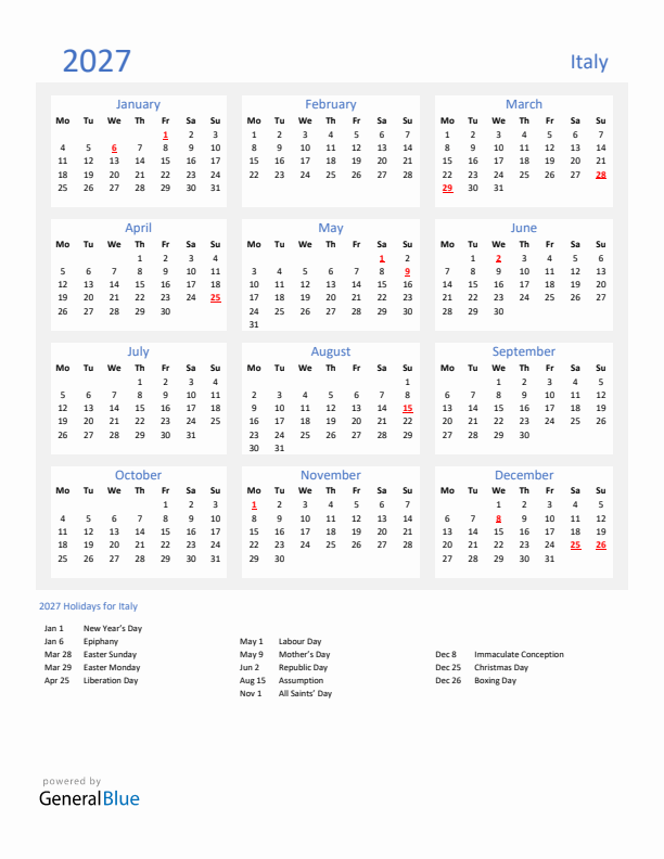 Basic Yearly Calendar with Holidays in Italy for 2027