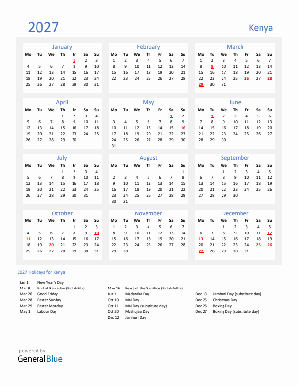 Basic Yearly Calendar with Holidays in Kenya for 2027