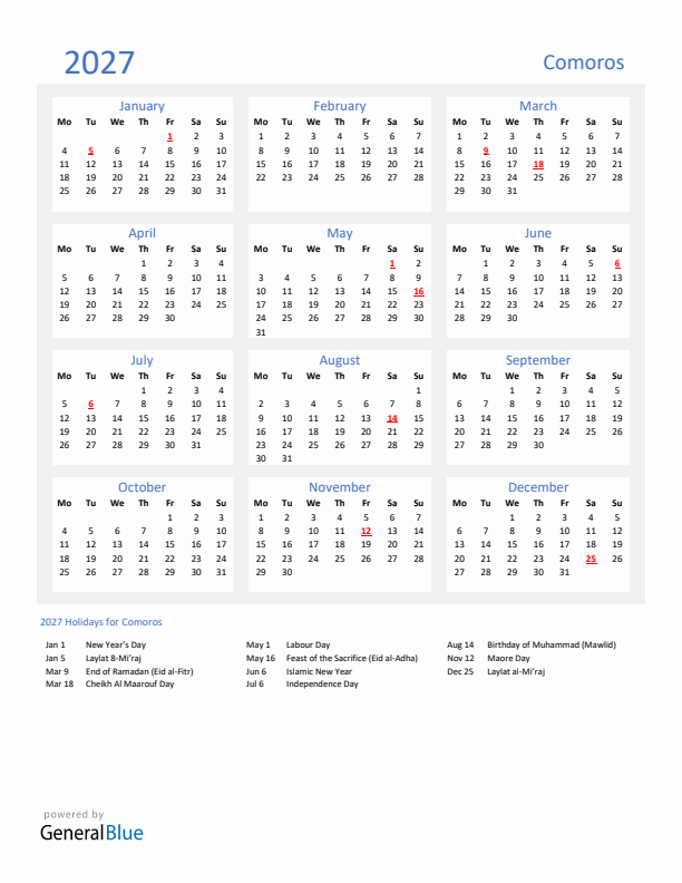 Basic Yearly Calendar with Holidays in Comoros for 2027