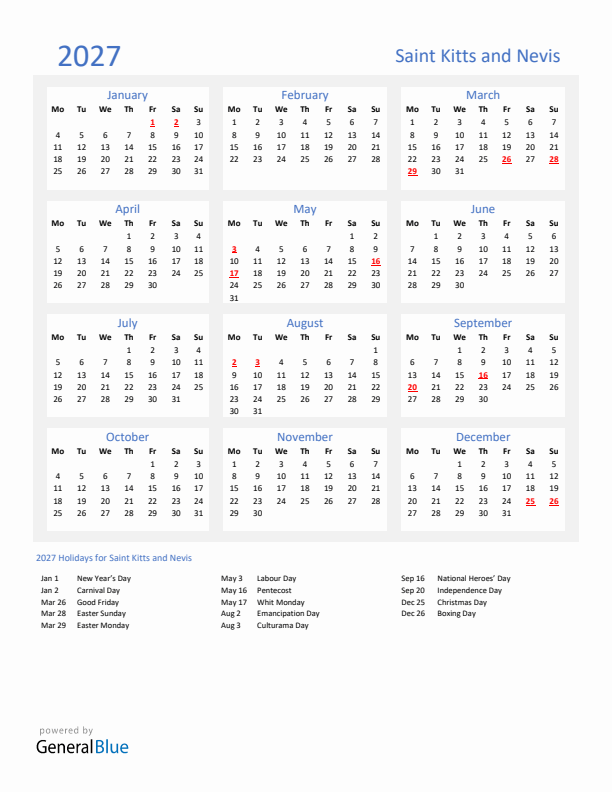 Basic Yearly Calendar with Holidays in Saint Kitts and Nevis for 2027 
