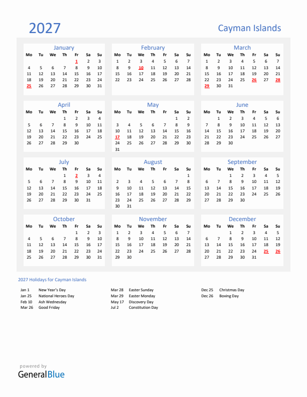 Basic Yearly Calendar with Holidays in Cayman Islands for 2027 