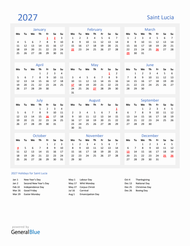 Basic Yearly Calendar with Holidays in Saint Lucia for 2027 