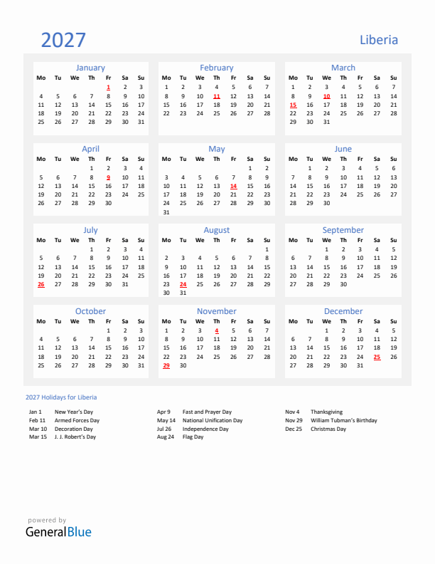 Basic Yearly Calendar with Holidays in Liberia for 2027 