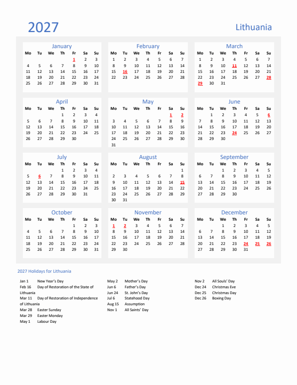 Basic Yearly Calendar with Holidays in Lithuania for 2027 