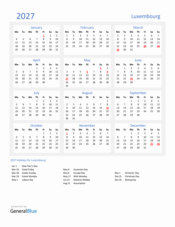 Basic Yearly Calendar with Holidays in Luxembourg for 2027