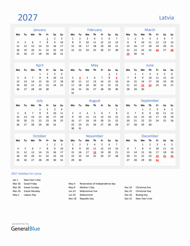 Basic Yearly Calendar with Holidays in Latvia for 2027