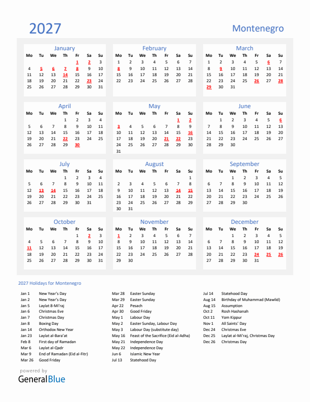 Basic Yearly Calendar with Holidays in Montenegro for 2027 